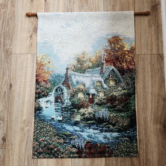 NICKY BOEHME TAPESTRY WALL HANGING STONE COTTAGE SWANS WATER MILL 37 INCHES