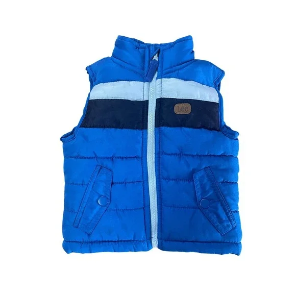 Lee Kids Blue Puffer Vest Tri-Color Stripe Full Zip Quilted Outerwear 12M‎