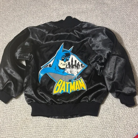 Vintage Batman Logo Black Kids Satin Bomber Jacket