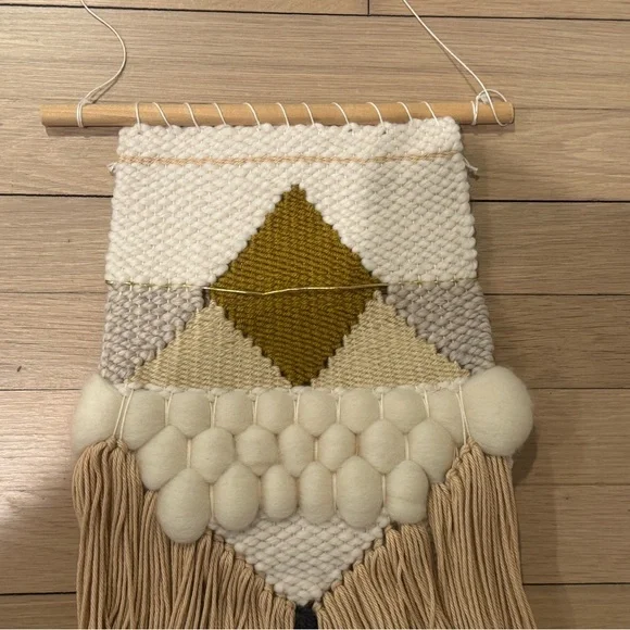 Handwoven Boho Wall Hanging in Cream, Tan & Mustard