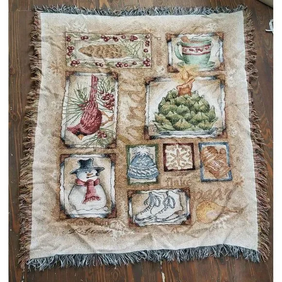 Winter Holiday Throw Blanket Fringe Cardinal Snowman‎ Cocoa Snow Skate 46