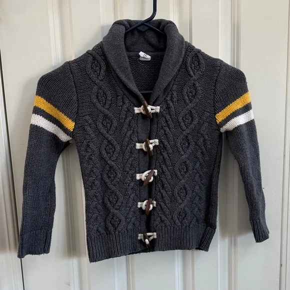 GAP Charcoal Cable-Knit Kids Toggle Cardigan with Yellow & White Stripes