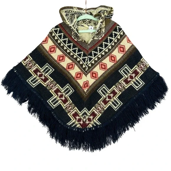 Boutique Kids Hooded Poncho Unisex Size 4 Multicolor Tribal Fringe Acrylic