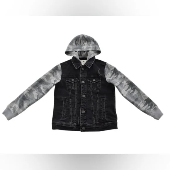 Abercrombie Black Denim Jacket with Gray Camo Sleeves - 15/16 Kids/Small Women
