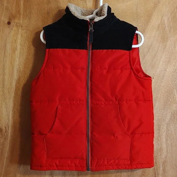 Carter's Little Boys Insulated Zip-Up Puffer Vest Red Black Corduroy Sherpa 5