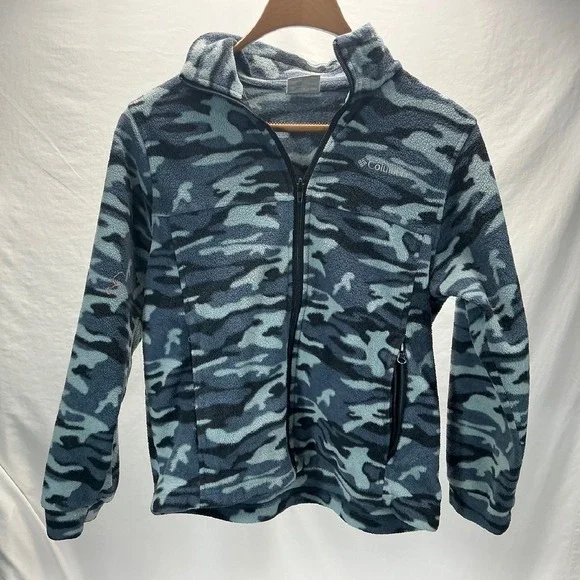 Columbia Fleece Jacket Camo Full Zip Pockets Warm Blue Kids Size 10/12‎