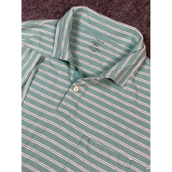 J. Crew Mens Large‎ Polo Shirt Green White Striped Short Sleeve Ring Spun Jersey