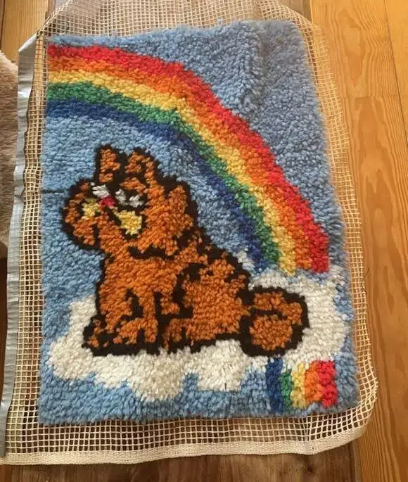 Vintage Garfield Latch Hook Wall Hanging Rug Rainbow Cloud