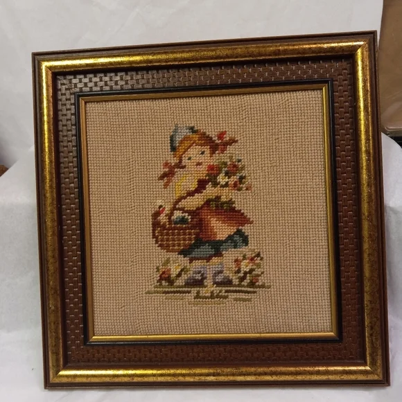 Framed Needlepoint Little Dutch Girl with Basket Of Flowers 12x12