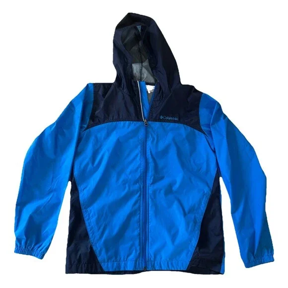 Columbia Boys Size Large 14/16 Hooded Rain Jacket Blue Navy Windbreaker