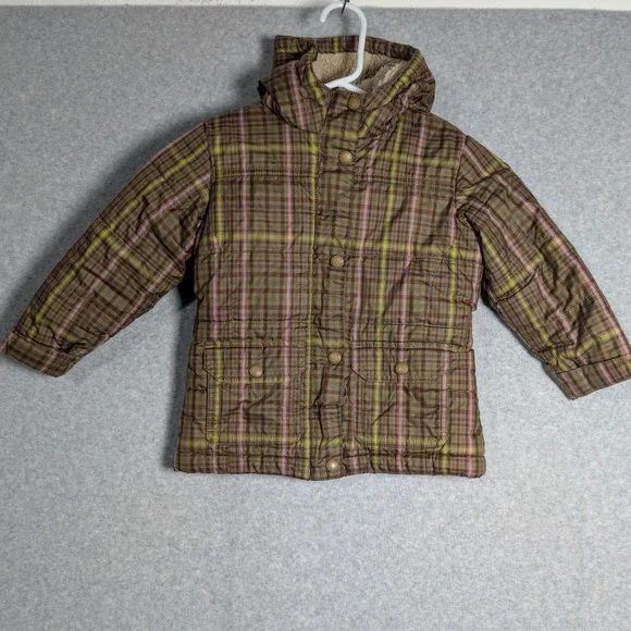 Lands End Kids Plaid Sherpa Lined Quilted Hooded Jacket Olive Green Brown 3T