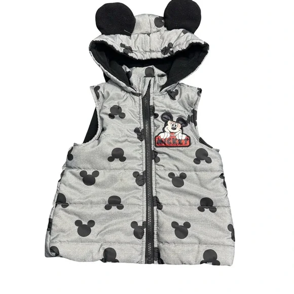 Disney Mickey Mouse Puffer Vest Toddler 2T Gray Black Kids Outerwear