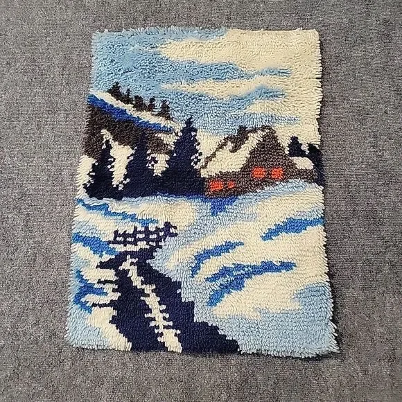 VTG Snow Landacape Latch Hook Wall Hanging Cottage Winter Kitsch 27” x 19”