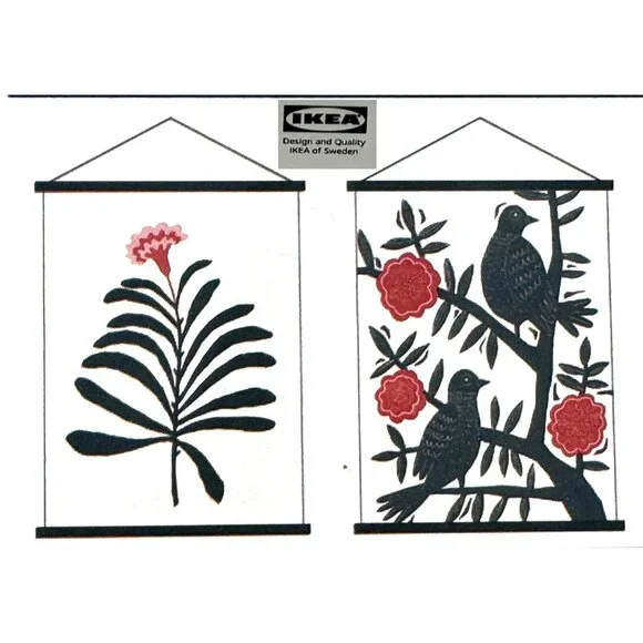 IKEA Palhult Wall Hanging, Botanical & Birds, Black & Pink, 2 pieces