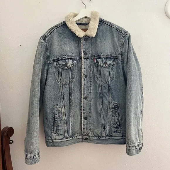 Levi's Men's Light Wash Denim Sherpa-Lined Snap Button 100% Cotton Jacket Size L