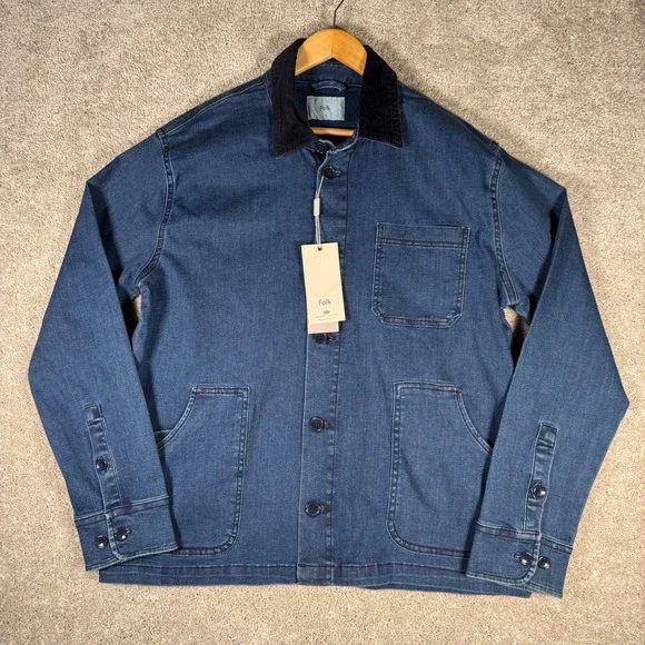 NWT Folk Nelson Men's L Denim Chore Jacket Blue Corduroy Collar Workwear Coat