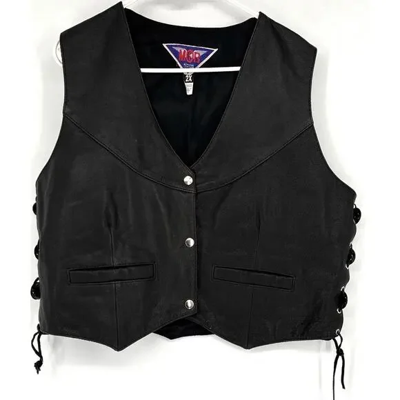 Vintage MOB Blk Leather Sz 2X Laces Silver Conchas Vest Pockets