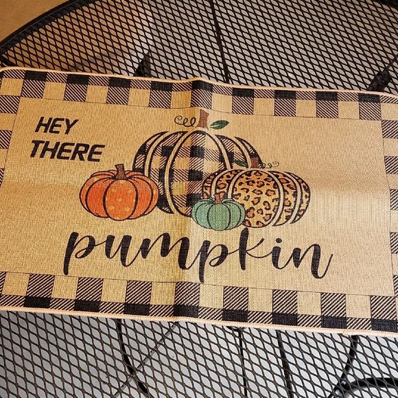 Black and Orange Pumpkin Door Mat with Autumn Accents