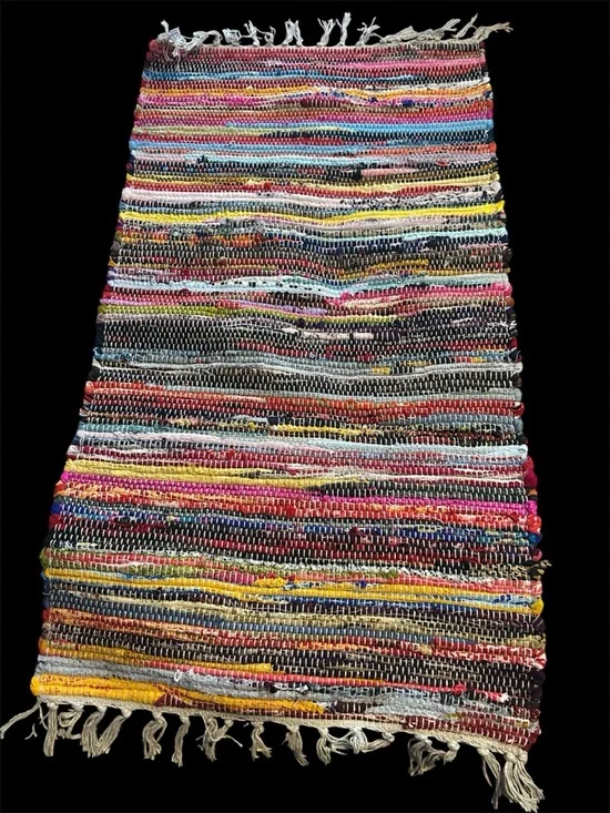 Handwoven Multicolor Rag Rug with Fringe