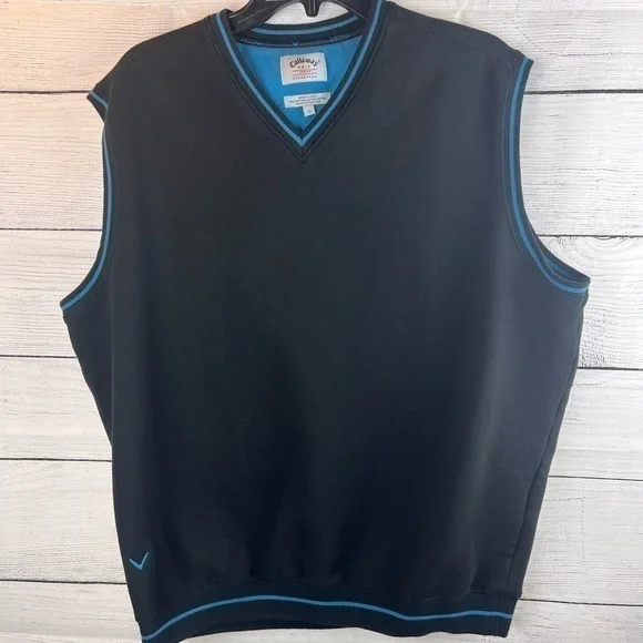 Callaway Golf Men's Medium Black‎ Sport Fleece Cotton Blend Vest Blue Trim