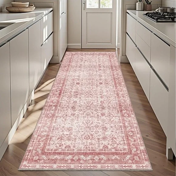 OPPODREAM Vintage Style Pink 3x6 Runner Rug, 3 x 6 Retro Washable Rug Non Slip