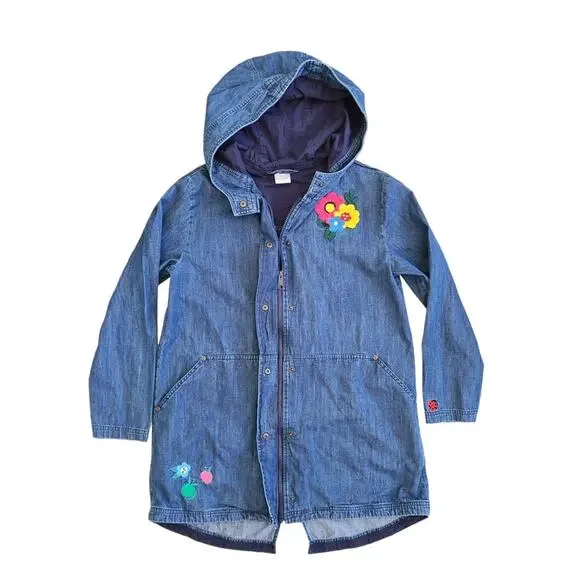 Hanna Andersson Chambray Jacket Girls 14/16 Embroidered Hooded Denim