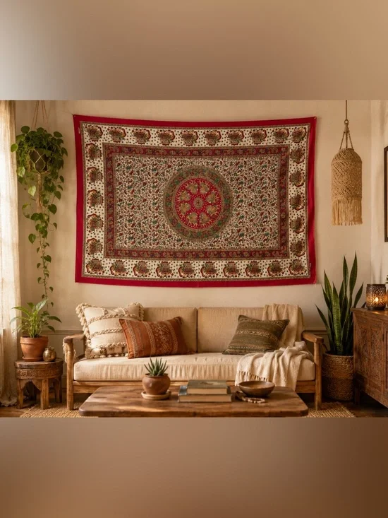 Boho mandala tapestry fabric w/ elephants Indian