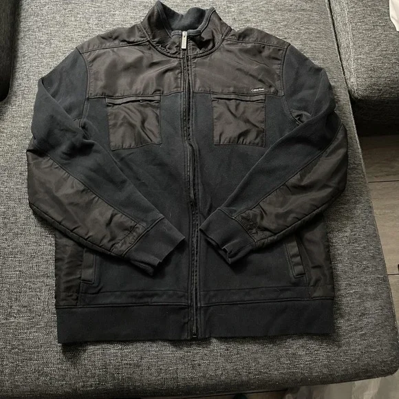 Calvin Klein Jacket Mens XL Black Utility Bomber Knit Full Zip Pockets Collared