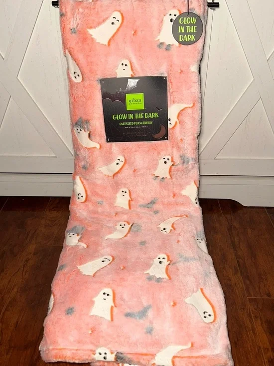 Glow in the Dark Orange Ghost Plush Throw Blanket