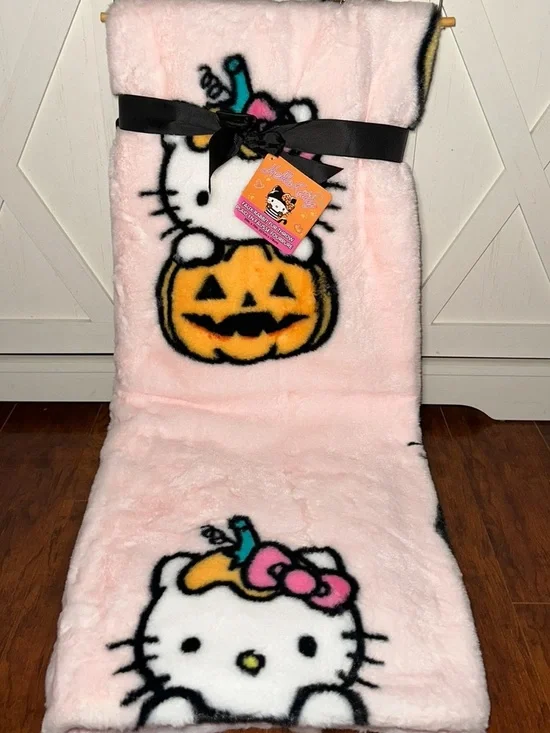 Hello Kitty Pink Faux Fur Halloween Throw Blanket with Pumpkin Motif