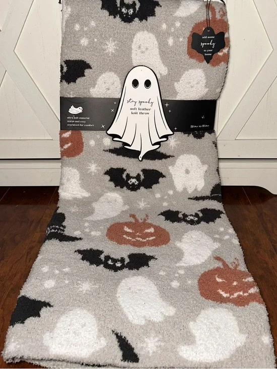 Stay Spooky Cozy Halloween Ghost & Pumpkin Knit Decorative Throw Blanket