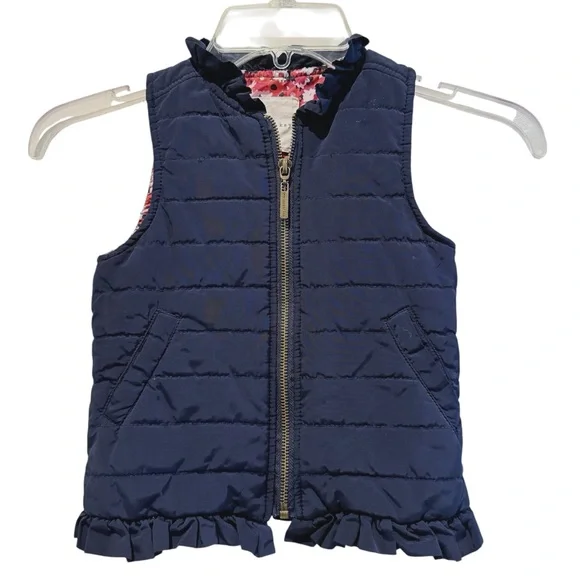 Copper Key Full‎ Zip Ruffled Quilted Vest Navy Blue with Red Lining Girls 2 / 3