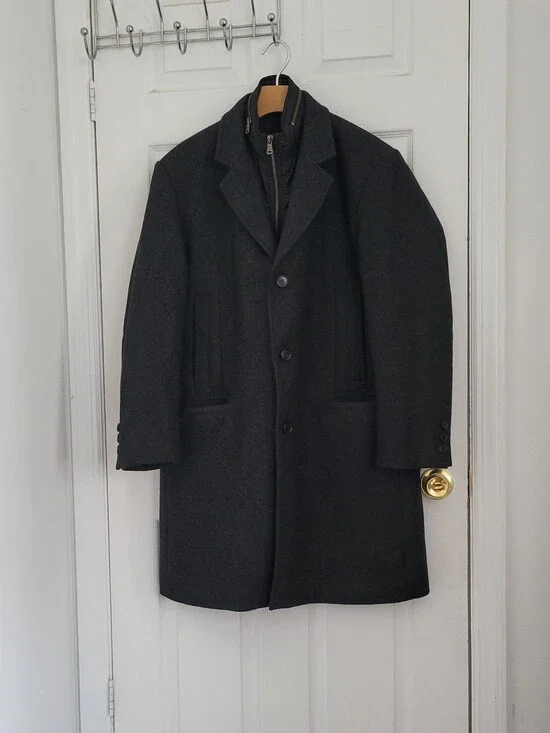 Hugo Boos Mens Dark Gray Wool Blend Overcoat with Zip-Front Liner