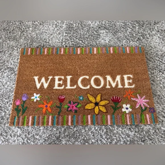 Welcome Floral Coir Doormat - Brown
