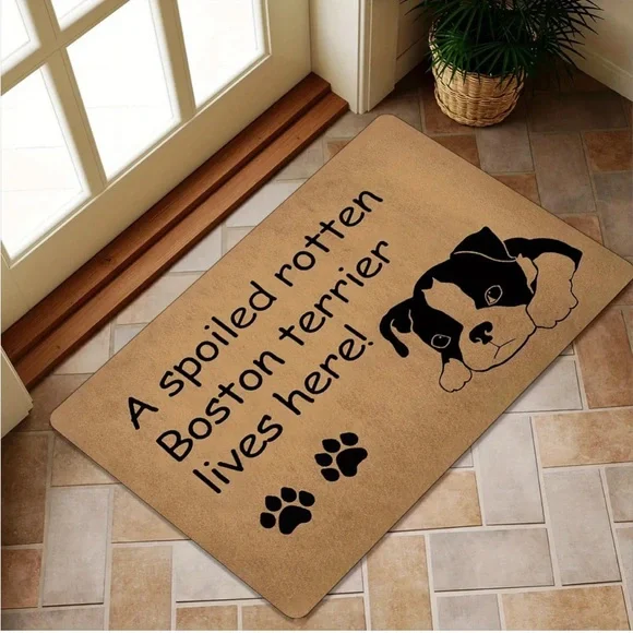 Tan Dog Mat with Boston Terrier Design