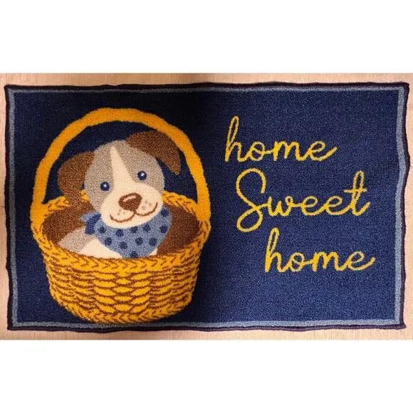 Decorative accent rug puppy in a basket Home Sweet Home welcome mat entryway dog
