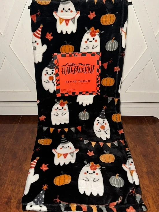 Halloween Ghost & Pumpkin Plush Throw Blanket