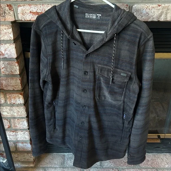 Billabong striped Fleece Button Down Hoodie Lightweight Shirt Jacket Mens size M