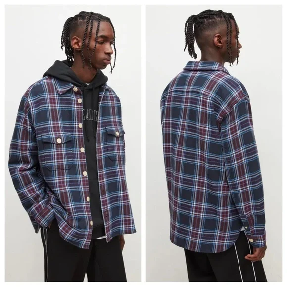 All Saints Men’s Kitazawa Check Overshirt Long Sleeve Top Thick Knit Button-Up