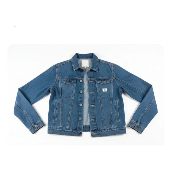 Calvin Klein Jeans Mens Medium Wash Denim Trucker Jacket Blue Size L Logo Patch
