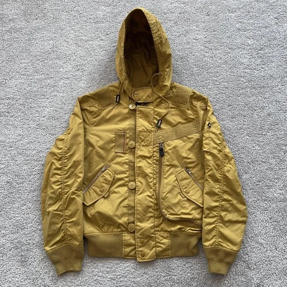 Alpha Industries Full‎ Zip Bomber Jacket Mens M Mustard Yellow Hooded Flight