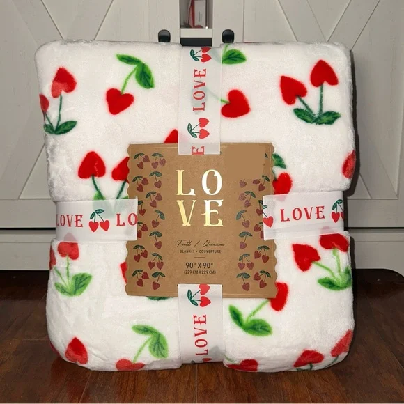 Valentines Love Red Cherry Hearts Queen Throw Blanket