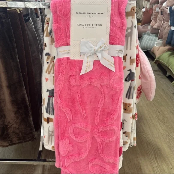 Cupcakes & Cashmere Pink Bow Embossed Faux Fur Throw Blanket