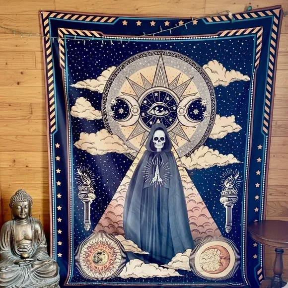 Wizard Skull Celestial Gothic Tapestry 6’X8’ Hooded Reaper 3rd Eye Witchcore