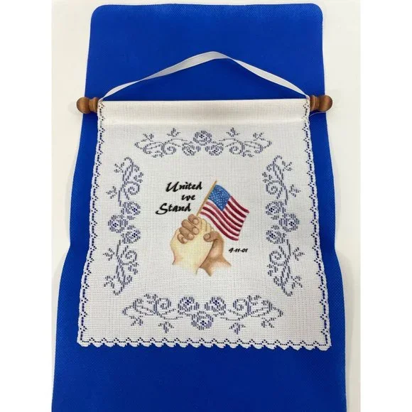 Vintage Banner Lace 911 Flag USA “United we Stand” Clasped Hands Unity Patriotic