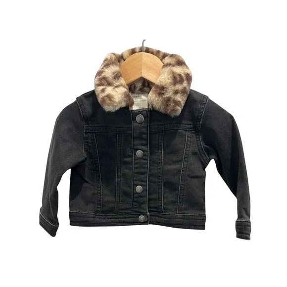 First Impressions‎ Black Denim Jacket with Faux Fur Collar 12M
