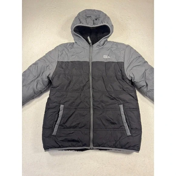 Eddie Bauer Reversible Puffer Jacket Adult Small Gray Black Hooded Full Zip