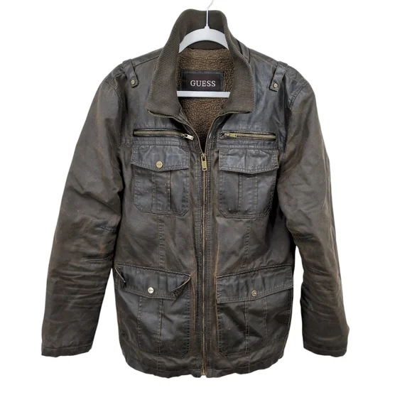 Guess Faux Leather Men's Medium‎ Bomber Jacket Sherpa Lined Field Cargo Military