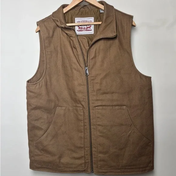 Levi Strauss & Co Mens Brown Quilted Utility Vest Full‎ Zip Collar Workwear S/P