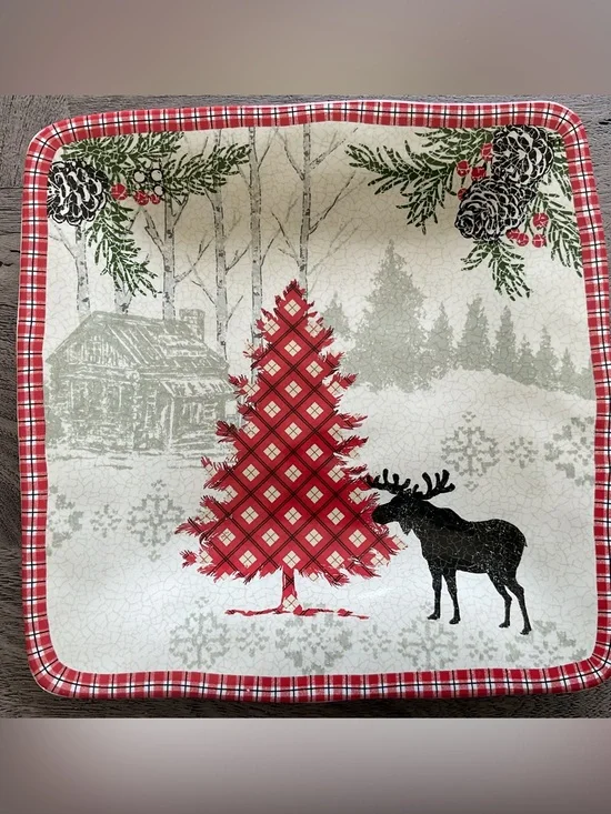 222 Fifth Bridgetown Lodge Rustic Cabin Christmas 10-3/4” Square Plate/Tray